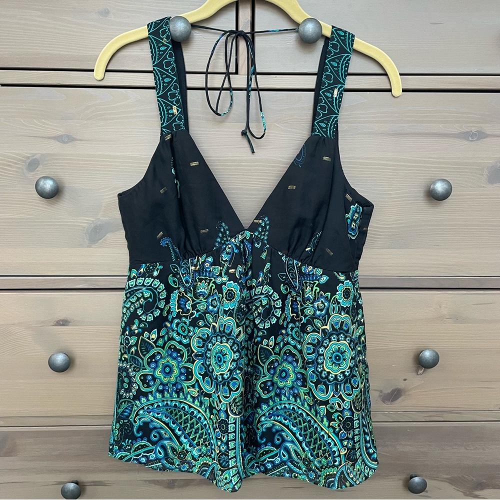 Tibi Silk Paisley Print Tank Top with Gold Embroidery Size 8